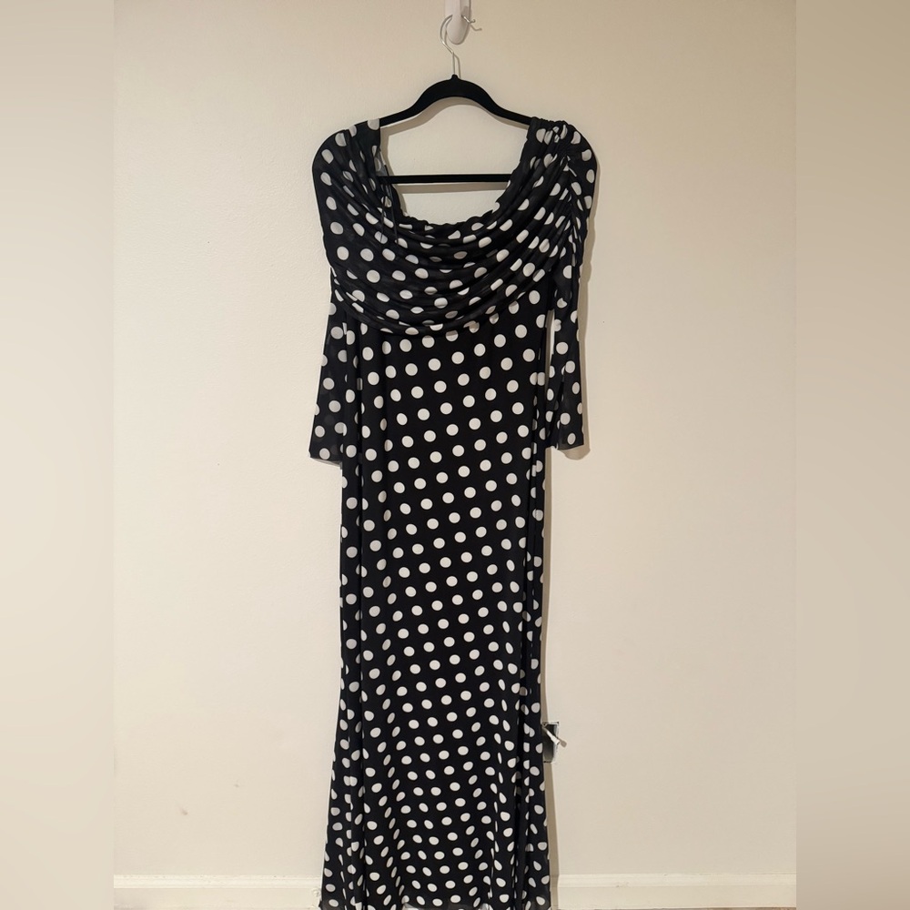 AFRM Thelma Dress Polka Dot Maxi Off The Shoulder Black and White Dress - Picture 3 of 5
